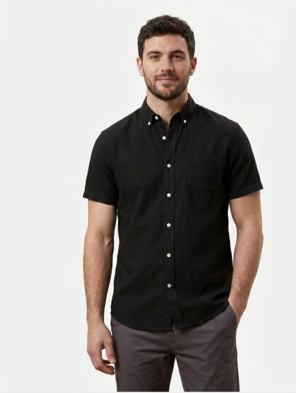 Frank & Oak Black Short-Sleeve Button-Down Shirt